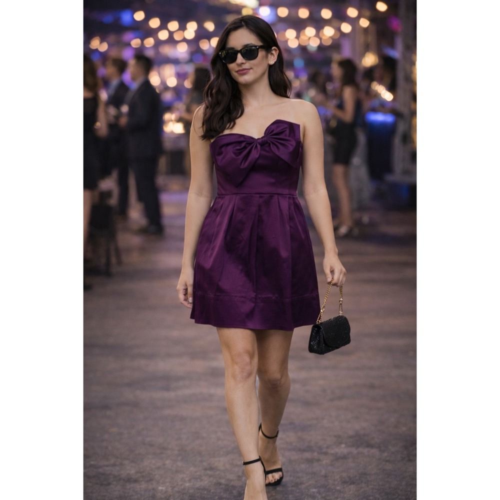Rebecca Taylor Strapless Purple Satin Bow Mini Dress Size 8